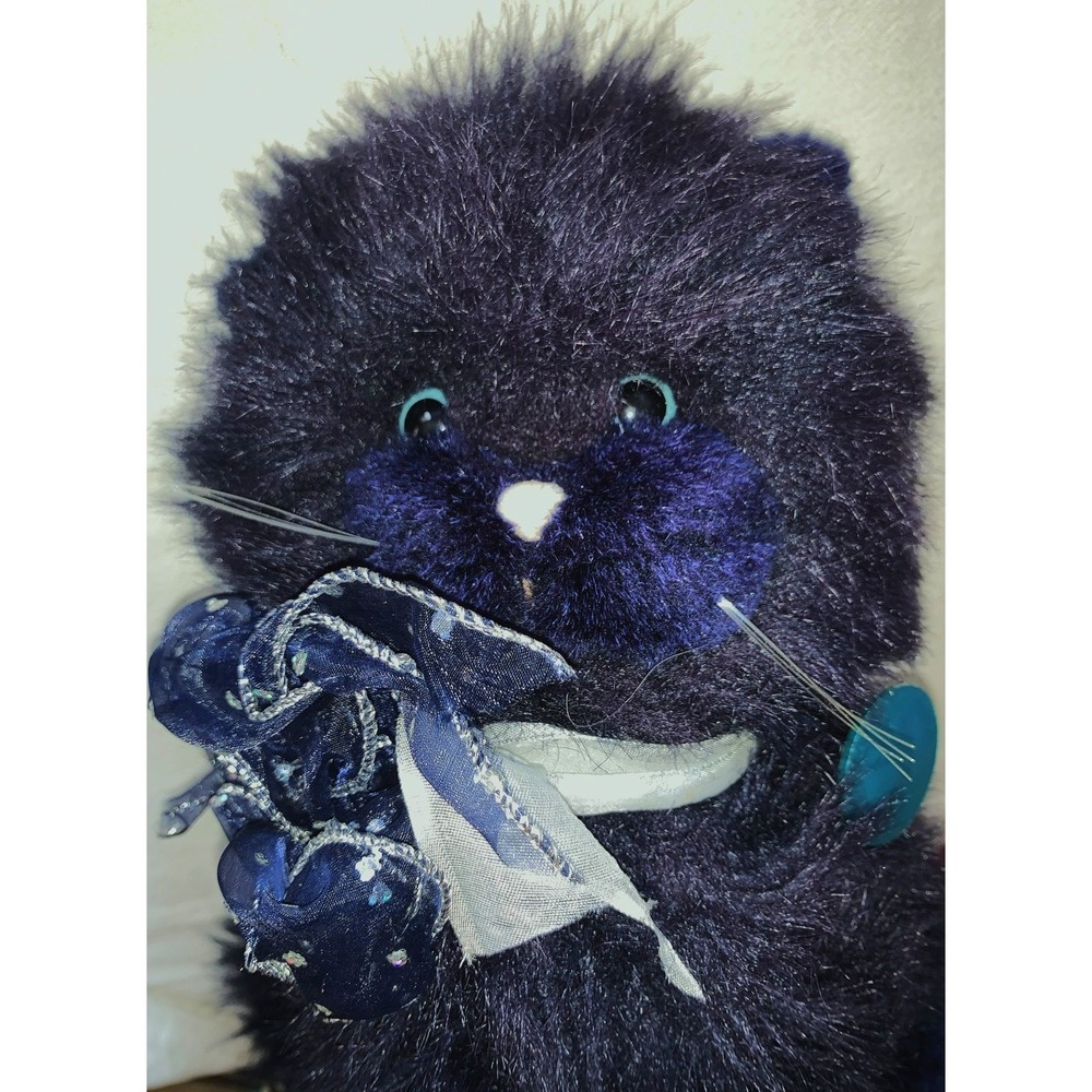 Dakin Midnight Kitty Cat Plush Navy Blue Long Hair 12" Blue Eyes Tag Bow Vtg '85